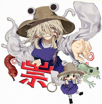 Rule 34 | 1girl, animal print, blonde hair, breasts, brown hat, chakram, chibi, chibi inset, commentary request, frog, frog print, grin, hair ribbon, hat, holding, holding chakram, holding weapon, long hair, long sleeves, looking at viewer, medium breasts, mishaguji, moriya's iron rings, moriya suwako, multiple views, pointing, pointing at viewer, purple skirt, purple vest, ribbon, simple background, skirt, skirt set, smile, snake, touhou, translation request, vest, weapon, white background, white snake, wide sleeves, yukine 0930