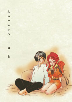 Rule 34 | barefoot, black eyes, black hair, black pants, blush, closed eyes, crossed legs, gemini sunrise, hair tie, jacket, kannah, lotus position, open mouth, orange jacket, orange skirt, pants, ponytail, red hair, sakura taisen, sakura taisen v, seiza, shirt, sidelocks, sitting, skirt, taiga shinjirou, white shirt, yellow shirt