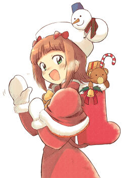 Rule 34 | 1girl, :d, amami haruka, bow, brown hair, candy, candy cane, capelet, christmas, christmas stocking, dress, food, from side, green eyes, hair bow, hat, idolmaster, idolmaster (classic), looking at viewer, looking to the side, mittens, multiple hair bows, open mouth, red bow, red capelet, red dress, short hair, simple background, smile, snowman, solo, standing, stuffed animal, stuffed toy, teddy bear, tsubobot, turning head, upper body, white background, white hat, white mittens