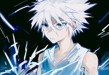 1boy black_background blue_eyes collarbone electricity electrokinesis hashtag-only_commentary highres hunter_x_hunter killua_zoldyck male_focus parted_lips sevenlistening short_hair simple_background solo spiked_hair tank_top teeth white_tank_top