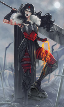 1girl absolute_dc absolute_wonder_woman arm_tattoo arm_wrap armor commentary dc_comics english_commentary highres holding_lasso huge_weapon inksilvery lasso lasso_of_truth red_tattoo tattoo tattoo_sleeve weapon wonder_woman