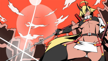 1girl ahoge assha_(schector) belt bikini bikini_under_clothes black_belt black_bikini black_thighhighs blonde_hair breasts clenched_teeth cloud commentary_request cowboy_shot from_below hair_between_eyes high_contrast highres holding holding_sword holding_weapon huge_ahoge katana large_breasts long_bangs long_hair looking_afar orange_sky original pelvic_curtain red_eyes sharp_teeth sheath single_sleeve sky solo swimsuit sword teeth thighhighs ttgl_eyecatch underboob very_long_hair weapon zipper