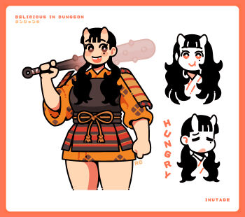 1girl :t arm_at_side armor artsy-rc black_hair border chest_guard chipped_tooth closed_mouth cropped_legs dungeon_meshi english_text hair_down hair_over_shoulder hand_up highres holding holding_weapon horns hungry inutade japanese_armor japanese_clothes kimono kusazuri long_hair long_sleeves looking_at_viewer low_twintails mole mole_under_eye multiple_views oni orange_border orange_kimono partially_colored sash short_kimono shoulder_armor smile sode spiked_bat thick_thighs thighs twintails weapon