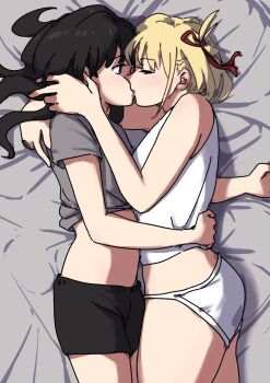 2girls bare_arms black_hair black_shorts blonde_hair closed_eyes commentary_request daimyo0208 from_above grey_shirt hair_ribbon hand_in_another&#039;s_hair highres inoue_takina kiss long_hair lycoris_recoil multiple_girls nishikigi_chisato on_bed panties purple_eyes red_ribbon ribbon shirt short_hair short_sleeves shorts tank_top underwear white_panties white_tank_top yuri