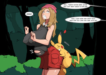 1boy 1girl black_shirt breasts brown_hair closed_eyes clothed_sex deep_penetration english_text erection gen_1_pokemon green_eyes hat high-waist_skirt highres huge_breasts huge_penis huge_testicles interspecies long_hair nintendo open_mouth penis pikachu pink_hat pleated_skirt pokemon pokephilia porkpie_hat red_skirt serena_(pokemon) shirt size_difference skirt sleeveless sleeveless_shirt smile speech_bubble stomach_bulge testicles torn_clothes vaginal