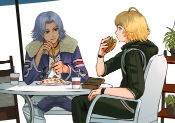 2boys alvis_(xenoblade) blonde_hair blue_jacket burger commentary_request food fork fur-trimmed_jacket fur_trim grey_eyes grey_hair haissemy0809 highres holding holding_burger holding_food holding_fork jacket jewelry male_focus multiple_boys necklace open_clothes open_jacket plate short_hair shulk_(xenoblade) sitting smile white_background xenoblade_chronicles_(series) xenoblade_chronicles_1