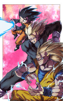 Rule 34 | absurdres, black bodysuit, black eyes, black hair, black sash, black shirt, blonde hair, blue sash, blue shirt, bodysuit, boots, brothers, chiro illust, commentary request, cowboy shot, dougi, dragon ball, dragonball z, electricity, family, father and child, father and son, gloves, green eyes, highres, kamehameha (dragon ball), long hair, no eyebrows, orange pants, orange shirt, pants, parent and child, pink background, sash, shirt, short hair, siblings, son gohan, son goku, son goten, spiked hair, super saiyan, super saiyan 2, super saiyan 3, white boots, white gloves