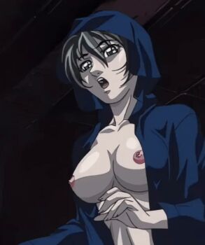 00s 1girl 2002 animated animated_gif basement bible_black bible_black_gaiden bouncing_breasts breasts brown_hair cloak green_eyes large_breasts nipples ritual robe shido_saki short_hair tagme