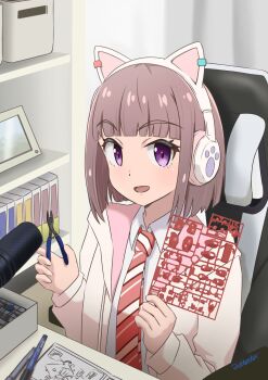 1girl :d blunt_bangs blunt_ends bob_cut bookshelf brown_hair chair clippers collared_shirt commentary_request diagonal-striped_clothes diagonal-striped_necktie dress_shirt futtenten gaming_chair highres hood hood_down hooded_jacket ikizulive!_love_live!_bluebird indoors jacket long_sleeves looking_at_viewer love_live! microphone model_kit necktie on_chair open_clothes open_jacket open_mouth orange_necktie picture_frame purple_eyes sasaki_shion school_uniform shirt short_hair signature sitting smile solo striped_clothes swivel_chair white_jacket white_shirt