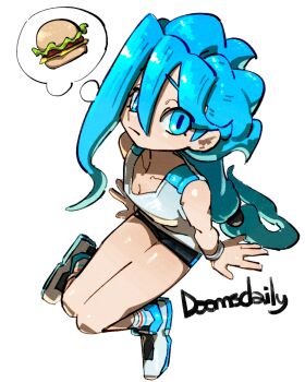 Rule 34 | 1girl, artist name, asymmetrical hair, black shorts, blue eyes, blue hair, breasts, cleavage, collarbone, commentary, doomsdaily333, full body, furrowed brow, grey shoes, hair between eyes, highres, knees together feet apart, long hair, looking at viewer, low-tied long hair, original, shoes, shorts, simple background, sitting, solo, speech bubble, spoken food, thought bubble, untranslatable commentary, white background