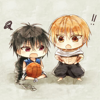 ! !! 2boys abs ball barefoot basketball basketball_(object) basketball_uniform black_hair blonde_hair braid cosplay costume_switch crossover judal kise_ryouta kuroko_no_basuke magi_the_labyrinth_of_magic male_focus midriff mizuki_hau multiple_boys single_braid sportswear voice_actor_connection yellow_eyes