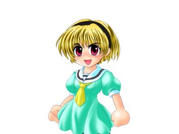 1girl black_hairband blonde_hair dress eyes_visible_through_hair fang game_cg green_dress hairband higurashi_no_naku_koro_ni houjou_satoko large_variant_set neckerchief no_nose open_mouth pink_eyes puffy_short_sleeves puffy_sleeves ryukishi07 sailor_collar sailor_dress school_uniform short_sleeves smug variant_set white_sailor_collar yellow_neckerchief