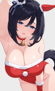1girl absurdres alternate_costume animal_ears arm_behind_head arm_up armpits bare_shoulders bell black_hair blue_eyes blush bob_cut breasts cleavage collar commentary_request covered_navel ear_covers ear_scrunchie eishin_flash_(umamusume) fur-trimmed_gloves fur-trimmed_leotard fur_trim gloves grey_background hair_between_eyes highleg highleg_leotard highres horse_ears horse_girl horse_tail large_breasts leaning_forward leotard looking_at_viewer neck_bell open_mouth paid_reward_available pom_pom_(clothes) red_collar red_gloves red_leotard short_hair simple_background single_ear_cover solo strapless strapless_leotard tail tsubame_tien umamusume