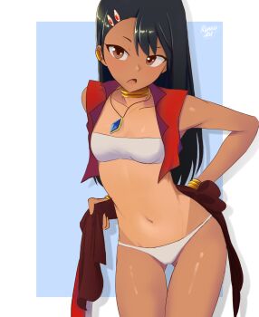 1girl :< artist_name asymmetrical_bangs bandeau bare_shoulders black_hair blue_background bracelet breasts brown_eyes collarbone commentary cosplay cowboy_shot cropped_vest dark-skinned_female dark_skin dressing drop_shadow earclip fushigi_no_umi_no_nadia gluteal_fold hair_ornament hairclip hand_on_own_hip highres ijiranaide_nagatoro-san jewelry loli long_hair looking_at_viewer nadia_la_arwall nadia_la_arwall_(cosplay) nagatoro_hayase navel neck_ring necklace open_mouth outside_border panties pelvic_curtain pendant red_vest romaji_commentary ryness small_breasts solo standing tan tanline thigh_gap underwear vest white_bandeau white_panties