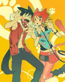 Rule 34 | 1boy, 1girl, alternate costume, animal ears, bare shoulders, black eyes, black hair, black pants, black skirt, black socks, black tank top, blue eyes, blue shirt, blush, bracelet, brown eyes, cat ears, cat tail, cheouldu, claw pose, collar, commentary request, dog ears, dog tail, earrings, facial scar, fangs, feet out of frame, fur-trimmed hoodie, fur trim, groin, hair bun, hair ornament, hairclip, hands up, holding, holding leash, hood, hood down, hoodie, hoop earrings, jewelry, kemonomimi mode, korean commentary, leash, leg up, log pose, looking at viewer, loose socks, midriff peek, miniskirt, monkey d. luffy, nami (one piece), navel, necklace, one piece, open mouth, orange hair, orange nails, pants, pantyhose, pink pantyhose, red collar, red hoodie, scar, scar on cheek, scar on face, shirt, short hair, shoulder tattoo, single sidelock, skirt, sleeveless, sleeveless hoodie, socks, tail, tank top, tattoo