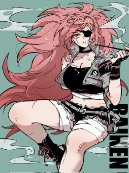 1girl 2025 alternate_costume amputee arc_system_works armband baiken bandaged_arm bandaged_leg bandages bare_legs belt big_hair black_gloves black_shirt black_shoes black_shorts blue_background blue_jacket breasts character_name choker cleavage commentary crop_top cropped_jacket denim denim_shorts eyepatch facial_mark female_focus fingerless_gloves foot_out_of_frame gloves guilty_gear guilty_gear_strive hashtag-only_commentary highres invisible_chair jacket ky_gwangin large_breasts long_hair looking_at_viewer messy_hair midriff navel parted_lips pink_hair red_eyes sarashi shirt shoes shorts simple_background sitting smoking smoking_pipe solo stirrup_footwear very_long_hair
