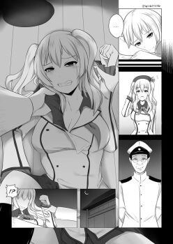 !? ... 10s 1boy 1girl admiral_(kancolle) comic crying crying_with_eyes_open flashback glasses greyscale hat imminent_rape kantai_collection kashima_(kancolle) lying military military_uniform monochrome naval_uniform on_floor pillow pov salute spoken_ellipsis tears twintails twitter_username wangphing you_gonna_get_raped