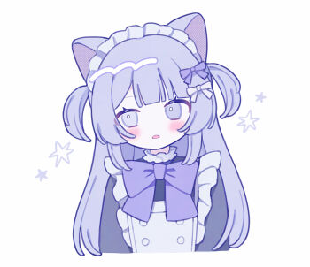 Rule 34 | 1girl, animal ears, apron, black shirt, blush, bow, bowtie, cat ears, commentary request, frilled apron, frills, hair bow, head tilt, highres, long hair, long sleeves, looking at viewer, maid, maid apron, maid headdress, miwoi, no nose, open mouth, original, outside border, purple bow, purple bowtie, purple eyes, purple theme, shirt, simple background, solo, star (symbol), two side up, white apron, white background, white bow