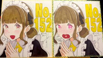 Rule 34 | 1girl, black dress, blush, brown hair, cho toutoi love, commentary request, dress, hair bun, heart, heart in mouth, highres, kachimachi kosuzu, link! like! love live!, looking at viewer, love live!, maid, maid headdress, medium hair, multiple views, nervous sweating, nose blush, official alternate costume, open mouth, own hands together, pink eyes, puffy sleeves, shikishi, sidelocks, single hair bun, speech bubble, spoken heart, sweat, virtual youtuber, yaa-kun