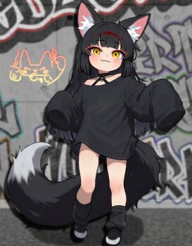 1boy :3 absurdres animal_ears black_hair black_shirt black_socks commentary_request fox_boy fox_ears fox_tail full_body highres indie_virtual_youtuber itsuki_tsukumo_(artist) itsuki_tsukumo_(vtuber) long_hair long_sleeves looking_at_viewer loose_socks no_pants oversized_clothes oversized_shirt shirt sleeves_past_fingers sleeves_past_wrists smile socks tail trap very_long_tail virtual_youtuber yellow_eyes