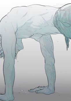 1boy bakugou_katsuki boku_no_hero_academia commentary exercising greyscale highres male_focus monochrome oroshi_mi pants push-ups scar scar_on_arm scar_on_chest short_hair signature solo spiked_hair sweat sweatpants symbol-only_commentary toned toned_male topless_male watermark