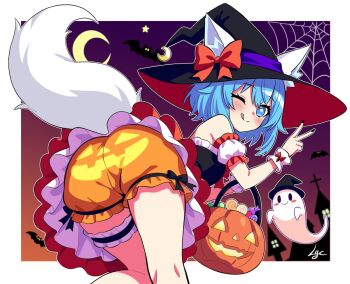1girl ;q adapted_costume animal_ear_fluff animal_ears ass bare_legs bare_shoulders basket bat_(animal) bent_over black_dress black_hat black_nails bloomers blue_eyes blue_hair blush blush_stickers border bow breasts candy closed_mouth commentary crescent crescent_moon detached_sleeves double-parted_bangs dress english_commentary feet_out_of_frame food frilled_dress frilled_sleeves frilled_thigh_strap frills from_behind furry furry_female ghost glowing glowing_eyes gradient_sky hair_between_eyes halloween halloween_bucket hand_up hat hat_bow hat_ribbon holding holding_basket indie_virtual_youtuber jack-o&#039;-lantern jack-o&#039;-lantern_print lgcrx lollipop looking_at_viewer looking_back medium_breasts moon multicolored_dress nail_polish one_eye_closed orange_bloomers orange_bow orange_dress orange_sky outdoors outline outside_border petticoat print_bloomers puffy_detached_sleeves puffy_sleeves purple_ribbon purple_sky ribbon short_hair signature sky smile solo spider_web_background split_mouth star-shaped_pupils star_(symbol) sweets swirl_lollipop symbol-shaped_pupils tail thigh_strap tongue tongue_out two-tone_background two-tone_dress underwear v virtual_youtuber white_border white_sleeves white_tail white_wrist_cuffs witch witch_hat wolf_ears wolf_girl wolf_tail wolfychu wrist_cuffs