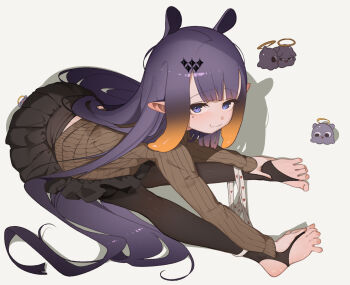 Rule 34 | 1girl, black pantyhose, black skirt, commentary, english commentary, fang, feet, from above, greatodoggo, halo, hands on own feet, heart, heart panties, heart print, highres, hololive, hololive english, long hair, long sleeves, looking at viewer, mole, mole under eye, ninomae ina'nis, panties, panty pull, pantyhose, pleated skirt, pointy ears, print panties, purple eyes, purple hair, ribbed shirt, shirt, skin fang, skirt, smile, solo, stirrup legwear, takodachi (ninomae ina'nis), tentacle hair, toeless legwear, toes, underwear, very long hair, virtual youtuber, white background, white panties