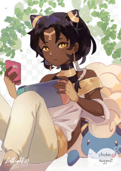1boy absurdres art_fight_attack artist_name bare_shoulders black_hair black_shirt borrowed_character bright_pupils cellphone checkered_background circlet closed_mouth crowbizbits dark-skinned_female dark_skin dated earrings fake_transparency feet_out_of_frame fingerless_gloves floating_earrings foliage gen_2_pokemon gift_art gloves grey_background halterneck handheld_game_console hands_up highres holding holding_handheld_game_console holding_phone jewelry knees_up looking_at_viewer male_focus mareep nintendo nintendo_switch off-shoulder_shirt off_shoulder orange_eyes original pants phone pokemon second-party_edit second-party_source shirt short_hair sitting small_horns smartphone solo trap very_dark_skin white_pupils white_shirt yellow_gloves yellow_pants yellow_trim