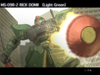 Rule 34 | bottoms1237, commentary request, fighting, firing, firing at viewer, gun, gundam, gundam 0080, highres, holding, holding gun, holding weapon, looking at viewer, mecha, mecha focus, mobile suit, no humans, rick dom ii, robot, rocket, science fiction, standing, weapon, zeon