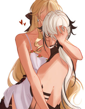 Rule 34 | 2girls, arlecchino (genshin impact), babylo669, backless outfit, black hair, blonde hair, blush, commentary, dress, earrings, english commentary, genshin impact, heart, highres, jewelry, long hair, low ponytail, multicolored hair, multiple girls, navia (genshin impact), ponytail, sleeveless, sleeveless dress, two-tone hair, white dress, white hair, yuri