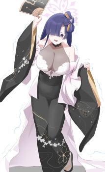1girl absurdres animal_ears asymmetrical_bangs bare_shoulders black_nails blue_archive breasts cleavage dress ears_down felix_(mtw93) floppy_ears flower flower-shaped_hair hair_over_one_eye halo hand_fan highres holding holding_fan kimono_dress large_breasts lop_rabbit_ears official_alternate_hairstyle pink_flower pink_sleeves print_dress purple_eyes purple_halo rabbit_ears rabbit_girl see-through_clothes see-through_shirt shirt solo trembling tsukuyo_(blue_archive) tsukuyo_(dress)_(blue_archive) white_background