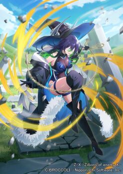 1girl bandages bandages_over_eyes black_boots black_coat black_gloves black_hat blindfold blue_bodysuit blue_hair blue_sky bodysuit boots breasts chain chatsubaki closed_mouth cloud cloudy_sky coat copyright_notice covered_eyes covered_navel fur-trimmed_coat fur_trim gloria_(z/x) gloves green_hair hat hat_ornament high_heel_boots high_heels holding holding_chain kusari-fundo large_breasts long_hair multicolored_hair official_art open_clothes open_coat outdoors see-through_cleavage see-through_clothes sky solo standing standing_on_one_leg thigh_boots thigh_strap witch_hat z/x