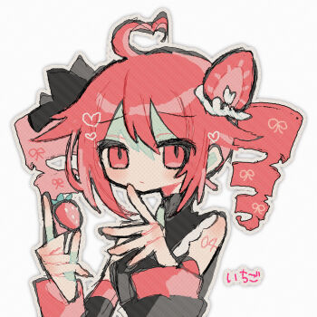 1girl ahoge bare_shoulders drill_hair food food-themed_hair_ornament fruit hair_ornament hands_up heart heart_ahoge highres holding holding_food holding_fruit kasane_teto looking_at_viewer okashira_moppu red_eyes red_hair solo strawberry strawberry_hair_ornament twin_drills upper_body utau