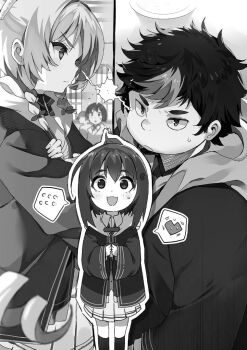 1boy 2girls :3 :d ahoge alicia_vladia_sarkista ascot blurry blurry_background blush bow braid breasts buta_koushaku closed_mouth collared_shirt crossed_arms deformed fat fat_man feet_out_of_frame flying_sweatdrops frilled_robe greyscale hair_bow hair_ornament heart heart-shaped_speech_bubble heart_hair_ornament hooded_robe indoors long_hair long_sleeves medium_hair miniskirt monochrome multiple_girls nauribon novel_illustration official_art open_mouth own_hands_together plate pleated_skirt ponytail robe school_uniform shirt short_hair short_ponytail side_braids skirt slow_denning small_breasts smile spoken_flying_sweatdrops standing sweat thick_eyebrows third-party_source tina_(buta_koushaku) upper_body v-shaped_eyebrows very_short_hair