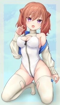 1girl absurdres alice_gear_aegis breasts brown_hair circle_cutout cleavage_cutout clothing_cutout companion/af covered_collarbone front_zipper full-length_zipper full_body heattech_leotard highleg highleg_leotard highres jacket kimikage_yui kneeling leotard long_hair looking_at_viewer medium_breasts multicolored_leotard official_alternate_color purple_eyes race_queen seseragi_(star4rats) sleeveless_turtleneck_leotard solo thighhighs turtleneck twintails twintails_with_hair_base two-tone_leotard white_jacket white_leotard white_thighhighs zipper zipper_leotard zipper_pull_tab