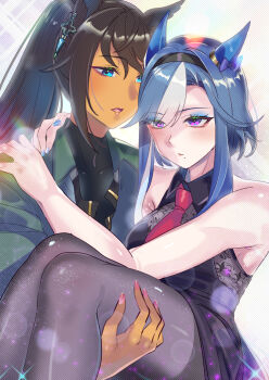 Rule 34 | 2girls, absurdres, admire groove (umamusume), animal ears, black hair, blue eyes, blue hair, blush, carrying, carrying person, commentary request, dark-skinned female, dark skin, doushi tatsu to dekkai no, ear covers, hair between eyes, hairband, highres, horse ears, horse girl, long hair, long sleeves, mole, mole under mouth, multicolored hair, multiple girls, ponytail, princess carry, purple eyes, symboli kris s (umamusume), umamusume, white hair