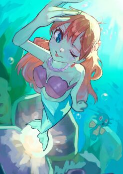 1girl ;p absurdres air_bubble arm_up bare_arms bare_shoulders bead_necklace beads bikini bikini_top_only blue_eyes breasts bubble cleavage closed_mouth collarbone coral earrings eyelashes flower freediving from_above gen_1_pokemon hair_down hair_ornament hand_up highres horsea jewelry light_rays long_hair looking_at_viewer looking_up medium_breasts mermaid mermaid_misty_(pokemon) misty_(pokemon) monster_girl monsterification necklace nintendo one_eye_closed orange_hair pearl_necklace pokemon pokemon_(anime) pokemon_(classic_anime) rasoso_(wyzx4524) rock shading_eyes shell shell_bikini smile solo submerged sunlight swimming swimsuit tongue tongue_out underwater water