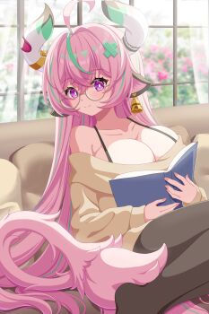 1girl absurdres ahoge animal_ears aqua_streaks artist_name bare_shoulders bell bespectacled black_pantyhose blush book breasts cleavage closed_mouth collarbone commentary_request cow_ears cow_girl cow_horns cow_tail cowbell dress ear_bell fingernails fuyunash1 genshin_impact glasses hair_between_eyes highres holding holding_book horns indoors large_breasts long_hair looking_at_viewer multicolored_hair off_shoulder pantyhose pink_hair purple_eyes sitting smile solo streaked_hair tail varesa_(genshin_impact) very_long_hair