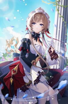 1girl bare_shoulders blue_eyes blue_sky cloud column commentary_request con_potata day detached_collar detached_sleeves dress feet_out_of_frame genshin_impact gloves grey_hair highres long_hair long_sleeves outdoors parted_lips pillar sandrone_(genshin_impact) sidelocks sitting sky solo strapless strapless_dress thighhighs very_long_hair white_gloves white_thighhighs