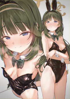 Rule 34 | 1girl, absurdres, animal ears, bare shoulders, black bow, black bowtie, black leotard, blue archive, blunt bangs, blush, bow, bowtie, breasts, breath, cleavage, closed mouth, commentary request, covered navel, cowboy shot, detached collar, fake animal ears, fake tail, hairband, heavy breathing, highleg, highleg leotard, highres, leotard, long hair, looking at viewer, multiple views, playboy bunny, purple eyes, rabbit ears, rabbit tail, shuru y, sidelocks, small breasts, smile, standing, strapless, strapless leotard, tail, tsumugi (blue archive), wrist cuffs