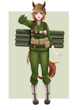 1girl :d absurdres animal_ears army boots border brown_eyes brown_hair commentary commission english_commentary full_body green_background green_jacket green_pants helmet highres horse_ears horse_girl horse_tail jacket looking_at_viewer ojanaul79 open_mouth original pants salute second-party_source sgt._reckless_(racehorse) short_hair smile soldier solo standing tail umamusume united_states_army white_border