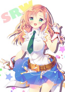 Rule 34 | 1girl, belt, belt buckle, blue skirt, breasts, brown belt, buckle, chain, cliana rimskaya, commentary request, copyright name, dot nose, drop shadow, earrings, eri., fingerless gloves, gloves, green necktie, hand up, highres, jewelry, large breasts, long hair, necktie, orange hair, pale skin, pink nails, red trim, shirt, single sidelock, skirt, solo, star (symbol), star symbol background, stud earrings, super robot wars, super robot wars destiny, white gloves, white shirt