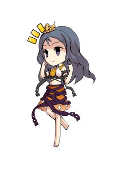 1girl bare_shoulders barefoot black_ribbon blue_hair breasts chibi chibi_only chirizuka_ubame clenched_hands closed_mouth commentary_request crop_top dairi full_body hands_up large_variant_set long_hair medium_breasts orange_skirt purple_ribbon ribbon ribbon_around_body simple_background skirt smile solo standing standing_on_one_leg stomach tachi-e tank_top tiara touhou transparent_background variant_set