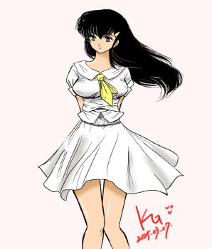 arms_behind_back black_eyes black_hair breasts collared_dress cream_background dress jian_yin long_hair long_legs looking_to_the_side maison_ikkoku medium_breasts necktie otonashi_kyouko white_dress wind