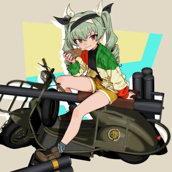 1girl anchovy_(girls_und_panzer) boagnnnnnnn boots breasts brown_eyes cardigan commission drill_hair eating girls_und_panzer green_hair highres long_hair looking_at_viewer motor_vehicle open_cardigan open_clothes scooter short_shorts shorts sitting small_breasts smile solo vespa_150_tap