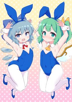 2girls animal_ear_hairband animal_ears armpits arms_up ascot blue_bow blue_eyes blue_hair blue_leotard blue_shoes blush bow cirno commentary commission covered_navel daiyousei detached_collar detached_wings fairy_wings fake_animal_ears fang flat_chest full_body green_eyes green_hair hair_bow hairband high_heels highleg highleg_leotard highres ice ice_wings kurosaki_kousuke leotard looking_at_viewer multiple_girls neck_ribbon one_side_up open_mouth outline pantyhose playboy_bunny rabbit_ear_hairband rabbit_ears rabbit_tail red_ribbon ribbon shoes side_ponytail skeb_commission skin_fang strapless strapless_leotard tail touhou white_outline white_pantyhose white_wrist_cuffs wings wrist_cuffs yellow_ascot