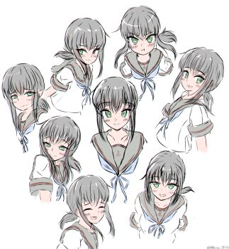 1girl :d :t anchor_symbol black_hair black_sailor_collar blue_neckerchief blush commentary_request cropped_torso fubuki_(kancolle) fubuki_kai_ni_(kancolle) green_eyes hair_between_eyes happy highres kantai_collection long_hair looking_at_viewer low_ponytail multiple_views neckerchief open_mouth ponytail pout sailor_collar shirt short_sleeves sidelocks simple_background sketch smile smug upper_body white_background white_shirt yoko_hata