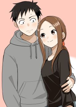1boy 1girl absurdres aged_up black_hair black_shirt brown_eyes brown_hair couple grey_sweater hand_on_another&#039;s_arm highres hood hooded_sweater husband_and_wife inaba_mifumi karakai_jouzu_no_(moto)_takagi-san karakai_jouzu_no_takagi-san long_hair nishikata shirt short_hair sweater takagi-san upper_body