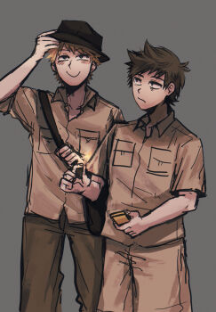 Rule 34 | 2boys, adjusting clothes, adjusting headwear, animification, antenna hair, bag, black hat, blush, brown hair, brown pants, brown shirt, brown shorts, collared shirt, commentary request, cowboy, eddsworld, grey background, hair ears, hat, highres, holding matchbox, holding matchstick, jitome, looking at another, looking up, male focus, matchbox, matches, matt (eddsworld), multiple boys, official alternate costume, orange hair, pants, partial commentary, rainbowmisosoup, scene reference, shirt, short hair, shorts, shoulder bag, simple background, smile, standing, tord (eddsworld), western