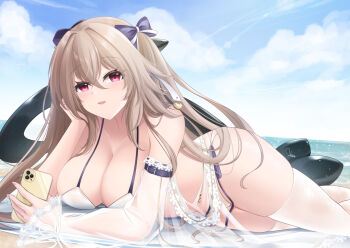 1girl anchorage_(azur_lane) anchorage_(dolphins_and_swim_lessons)_(azur_lane) azur_lane beach bikini bow breasts cleavage collarbone detached_sleeves hair_between_eyes hair_bow heart holding holding_phone inflatable_orca inflatable_toy large_breasts light_brown_hair long_hair lying ocean official_alternate_costume parted_lips phone pink_eyes purple_bow rika_ryne see-through_clothes see-through_sleeves shore side-tie_bikini_bottom signature solo swimsuit thighhighs white_bikini white_thighhighs